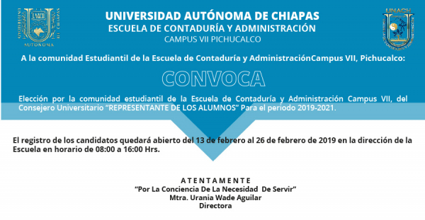 Convocatoria Elección de Consejero Universitario “REPRESENTANTE DE LOS ALUMNOS” Para el periodo 2019-2021.
