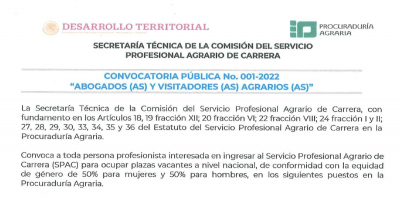 CONVOCATORIA PÚBLICA No. 001-22 &quot;ABOGADOS(AS) Y VISITADORES (AS) AGRARIOS (AS)&quot;