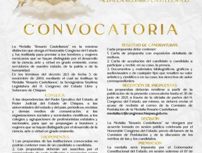 Congreso presenta convocatoria para postulación de candidatos a Medalla Rosario Castellanos